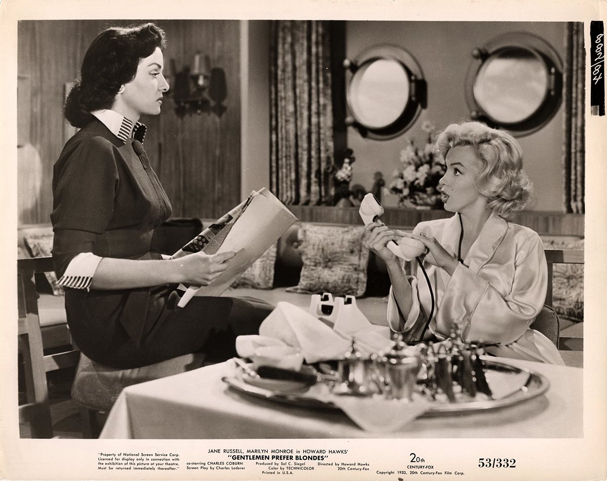 Movie still with Jane Russell and Marilyn Monroe, from “Gentlemen Prefer Blondes”, released by 20th Century Fox in 1953. 